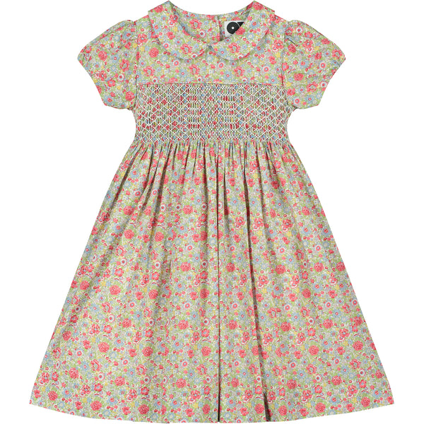 floral smocked dress made from Libery fabric, front