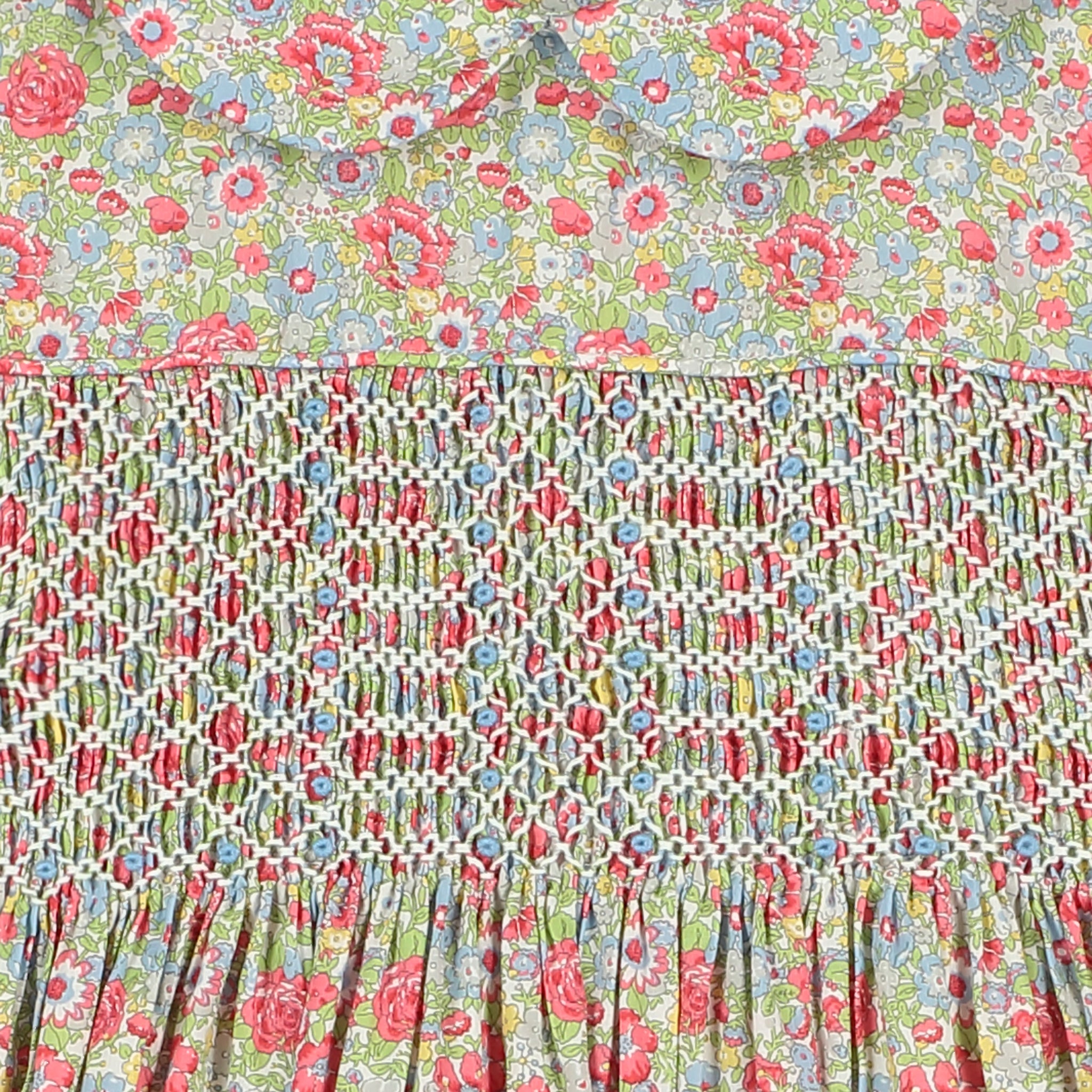 hand-smocking on Liberty dress, close-up