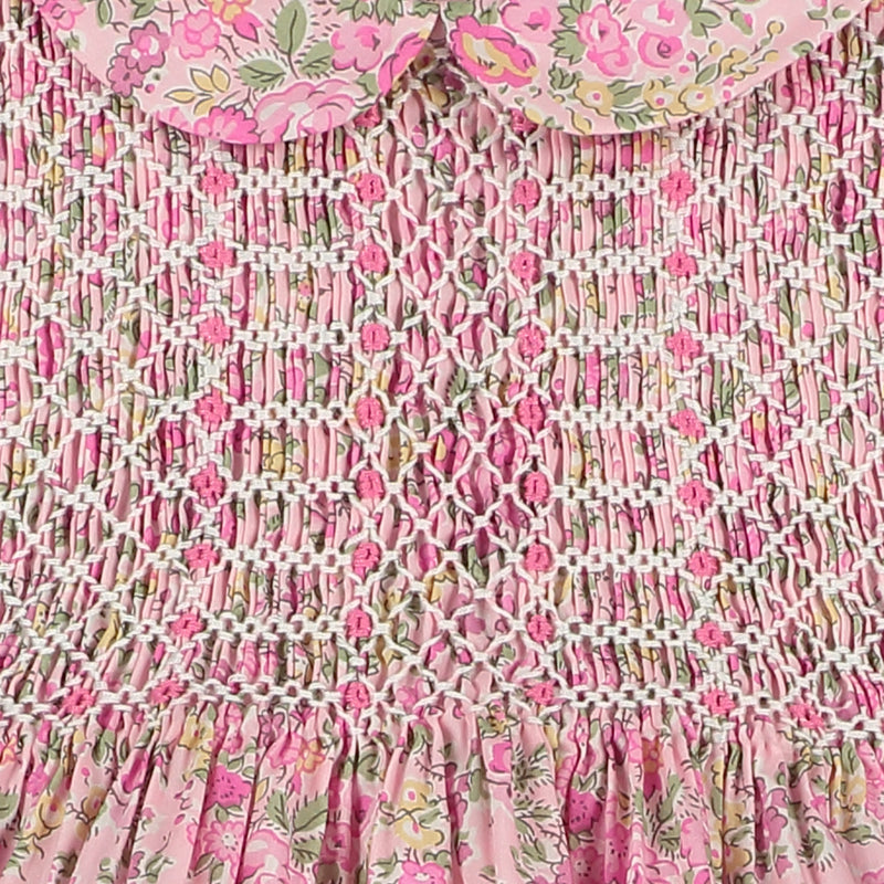 Pink Liberty print dress, smocking detail