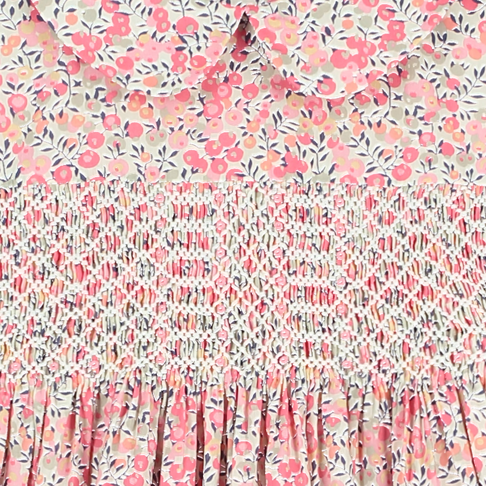 smocking detail on Liberty print dress for girls