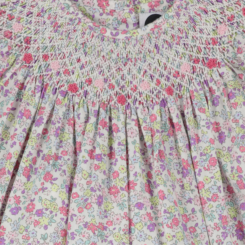 floral frill sleeve dress for baby with matching bloomers, detail