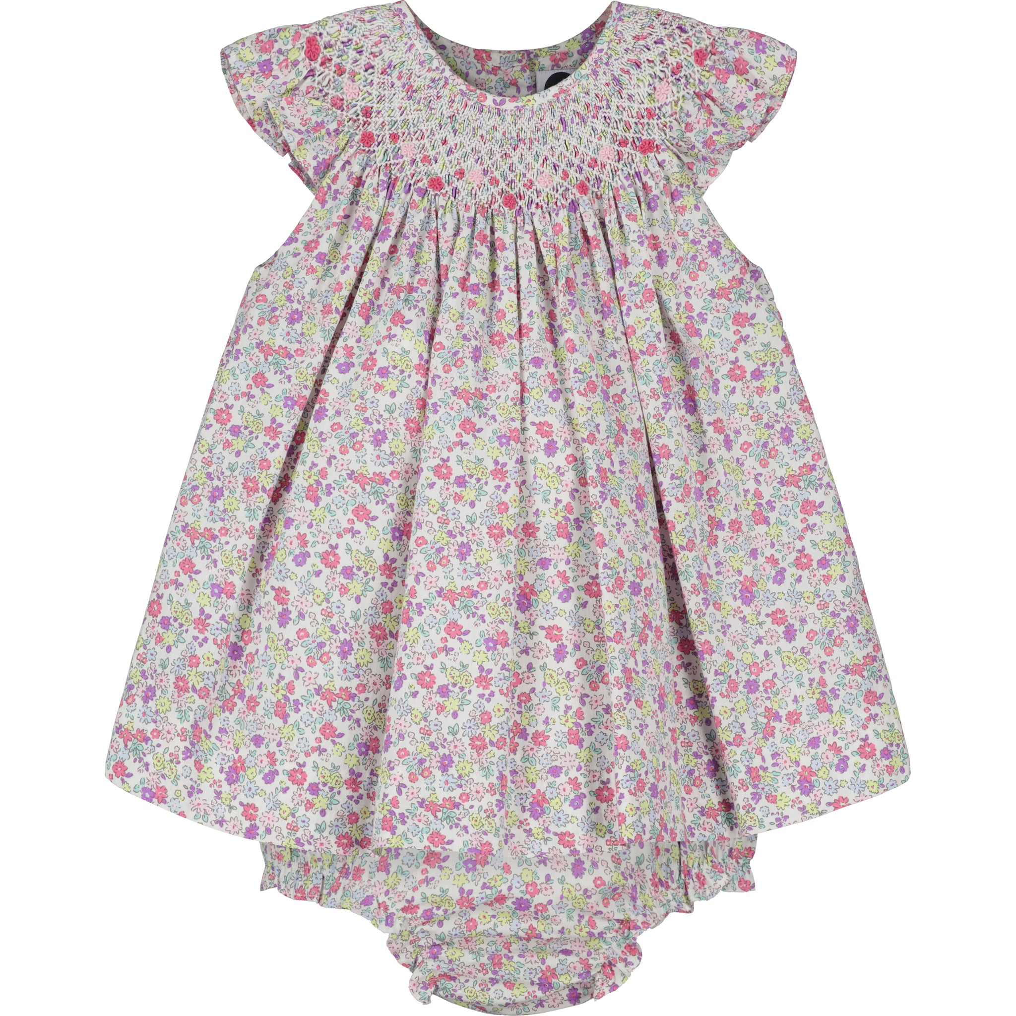 floral frill sleeve dress for baby with matching bloomers, front