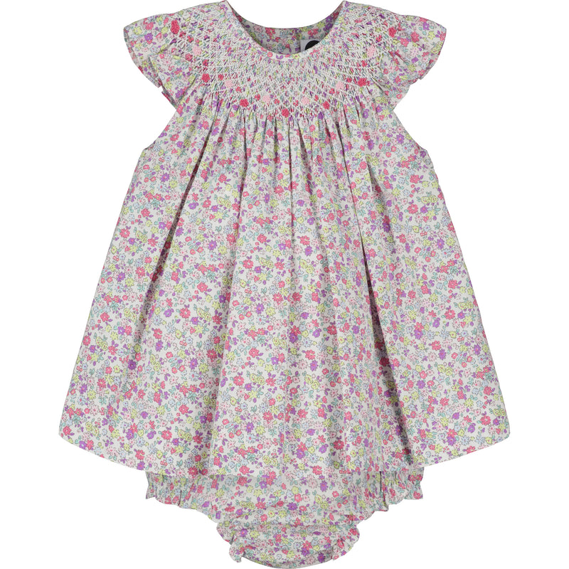 floral frill sleeve dress for baby with matching bloomers, front