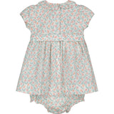 smocked floral baby dress with frill collar, back