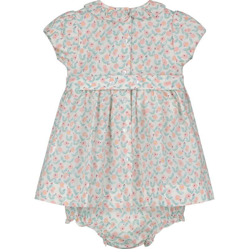 smocked floral baby dress with frill collar, back