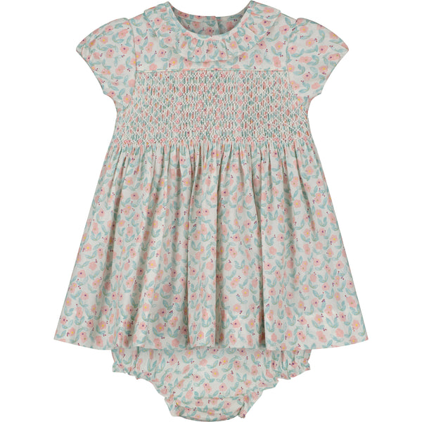 smocked floral baby dress with frill collar, front