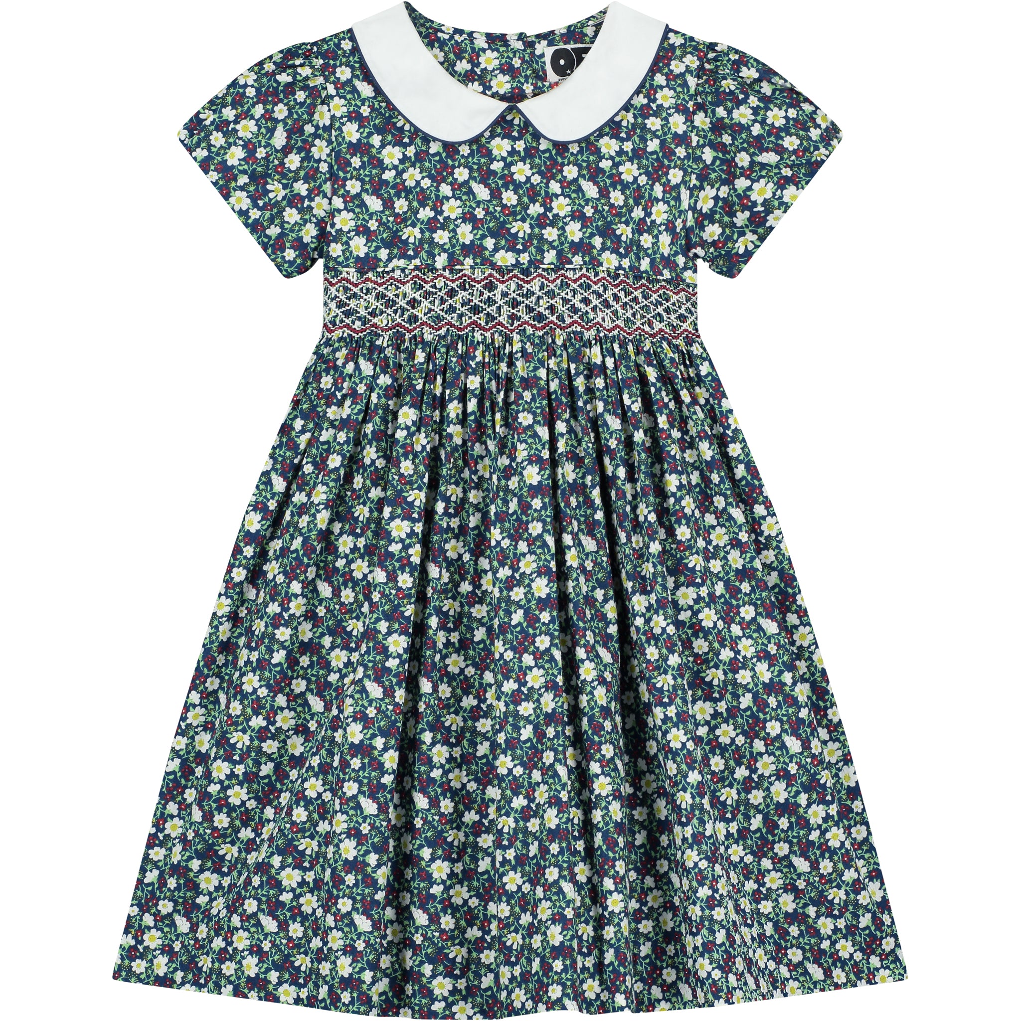floral smock dress with white Peter Pan collar, front