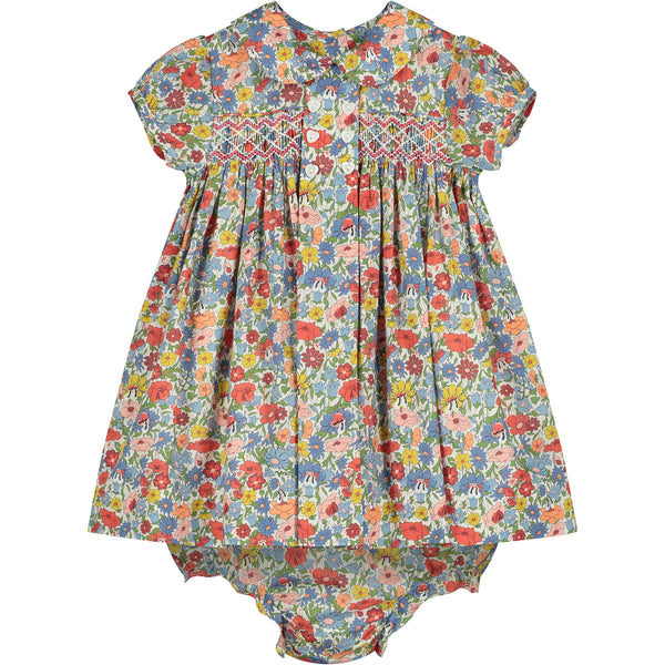 button front floral baby dress made from Libery fabric, hand-smocled