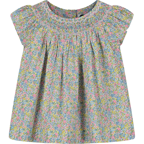floral girls blouse made from Liberty fabric with smocking, front