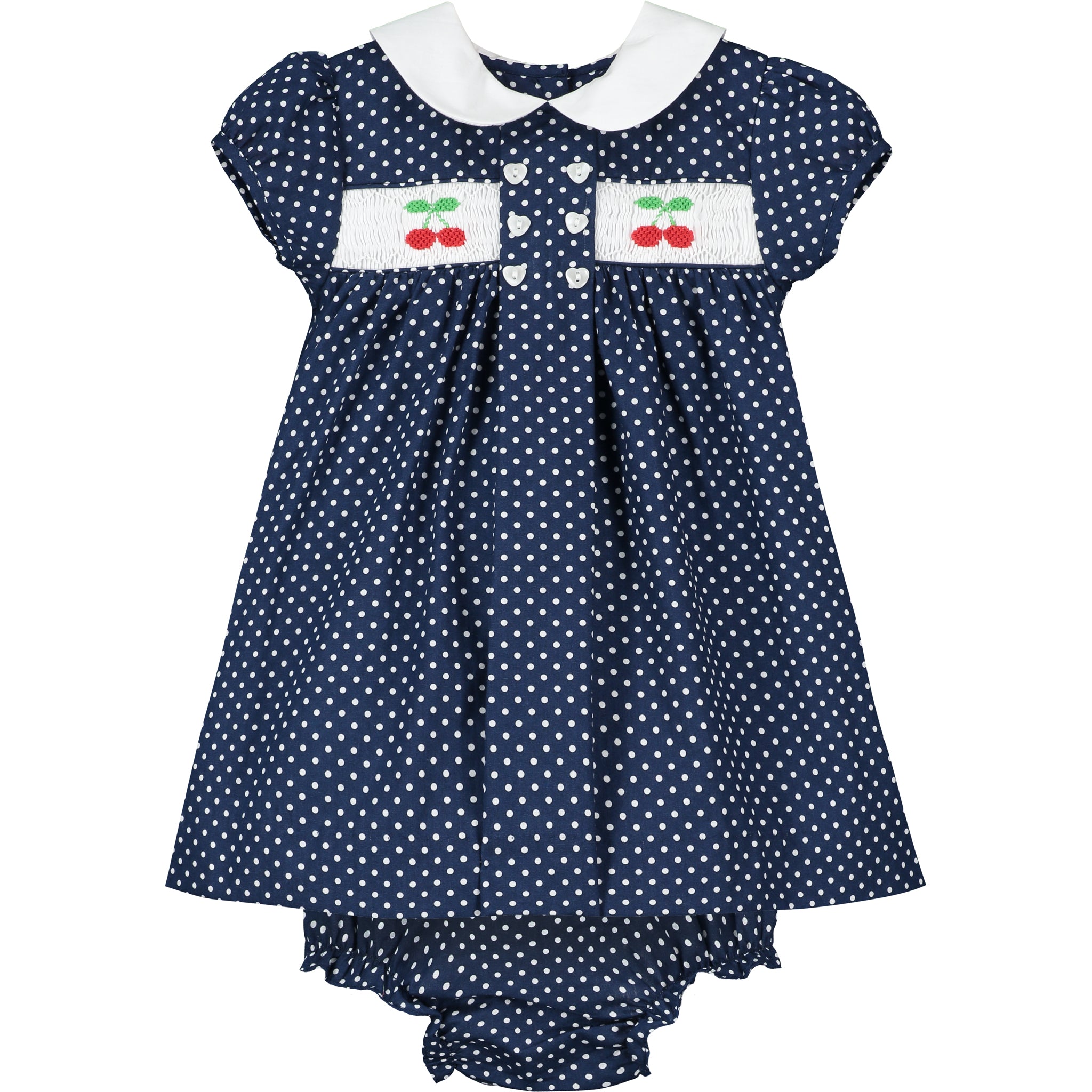 navy polka dot smocked baby dress with cherry motive embroidery