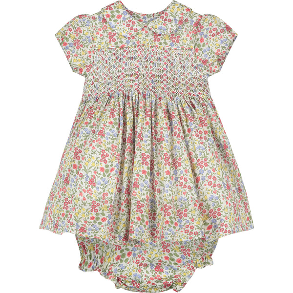 floral smock baby dress made from Liberty fabric, front