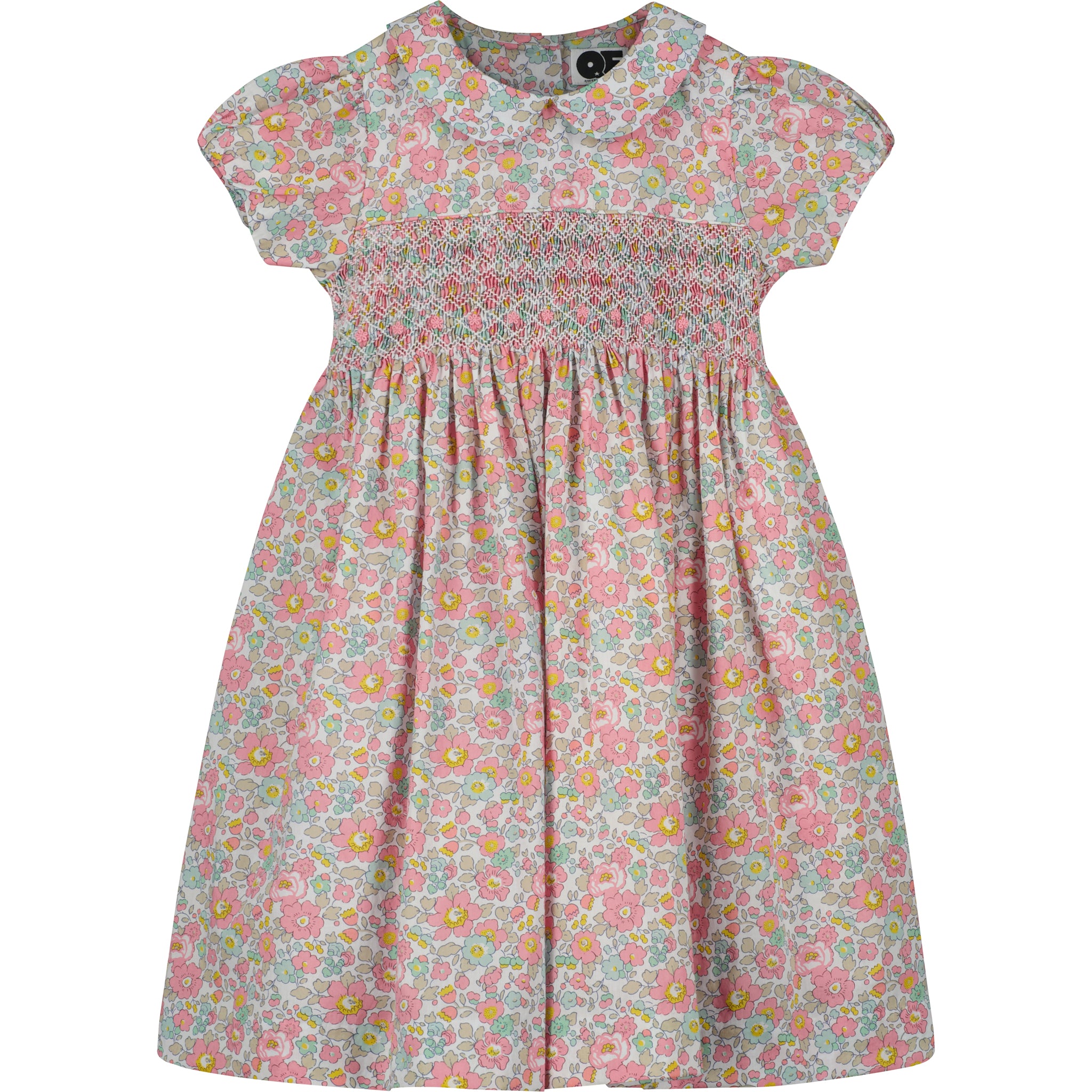 smocked dress made with Liberty print fabric, front