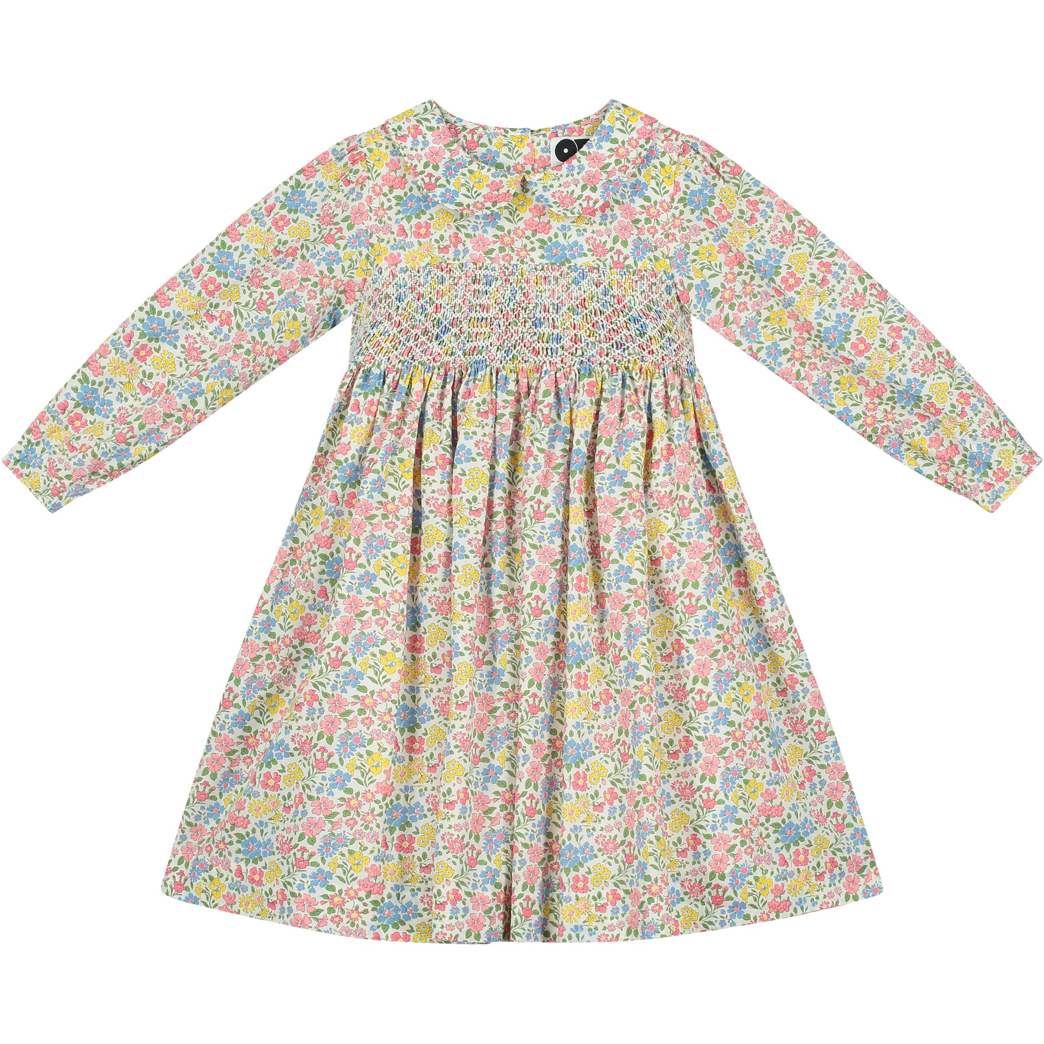 Liberty print long sleeve girls dress, hand-smocked, front