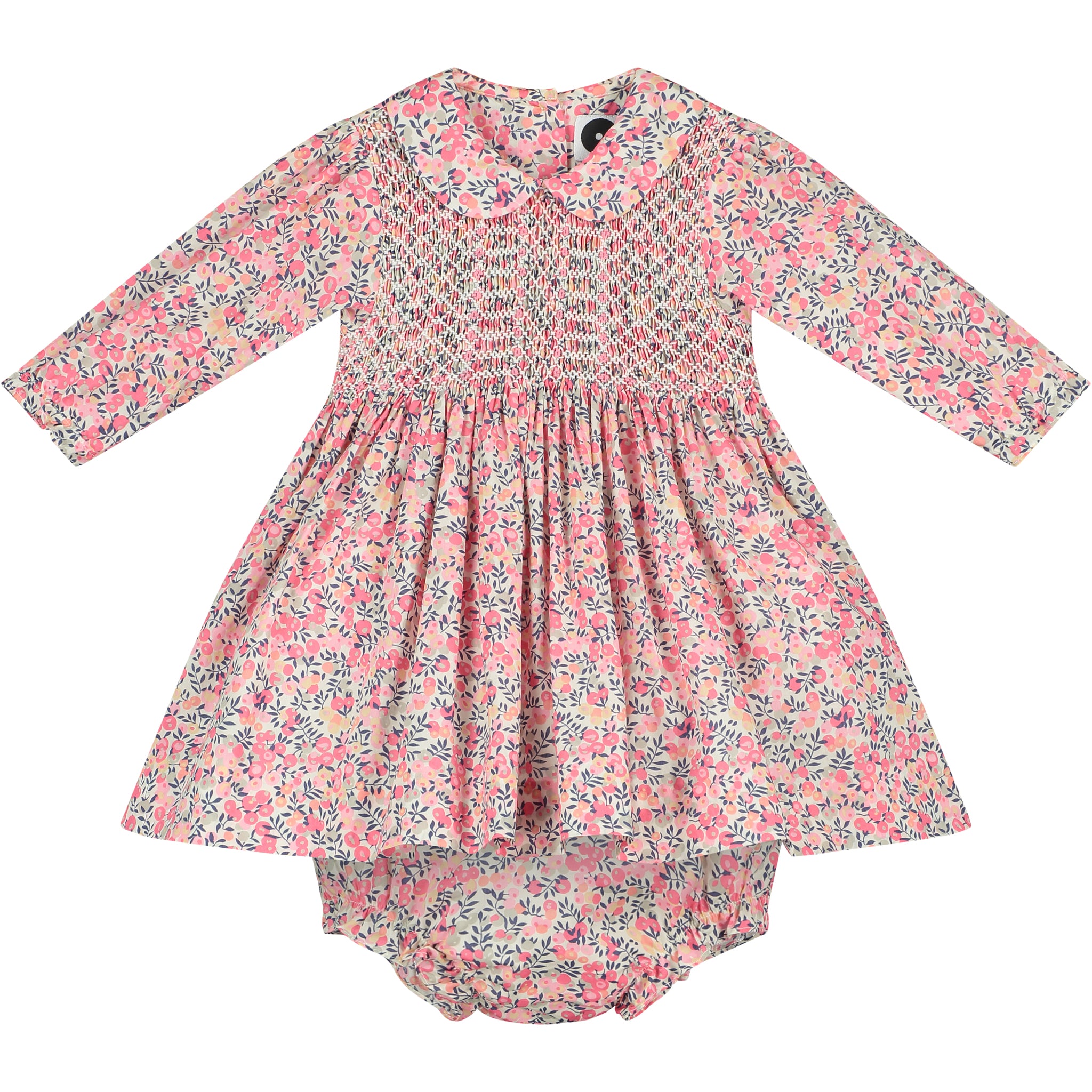 long sleeve Liberty print baby dress, hand-smocked, front