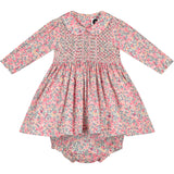 long sleeve Liberty print baby dress, hand-smocked, front