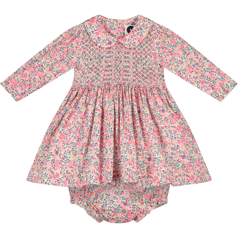 long sleeve Liberty print baby dress, hand-smocked, front