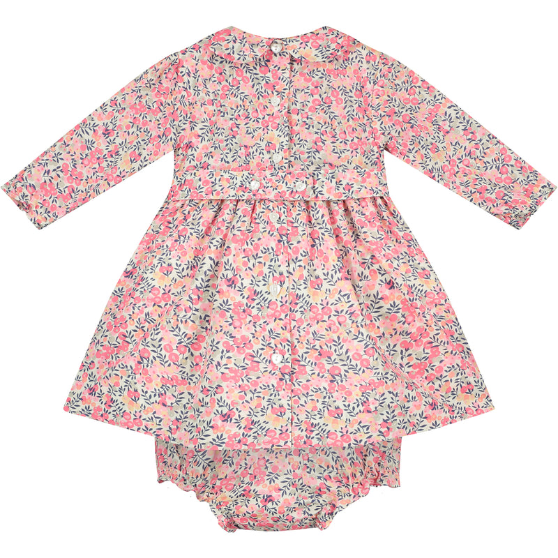 long sleeve Liberty print baby dress, hand-smocked, back