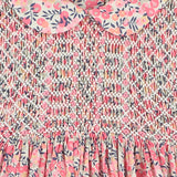 long sleeve Liberty print baby dress, hand-smocked, smocking detail close up
