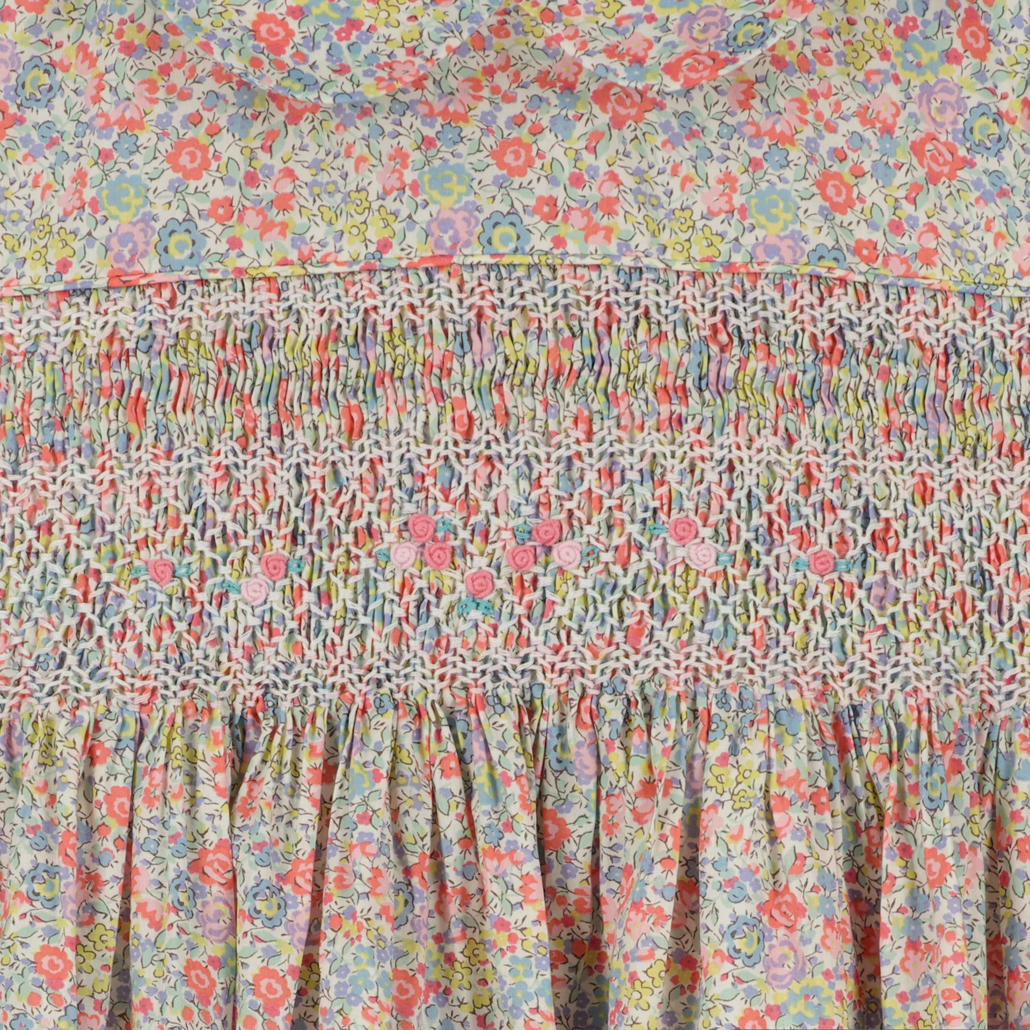 Floral Liberty girls dress with smocking, detail