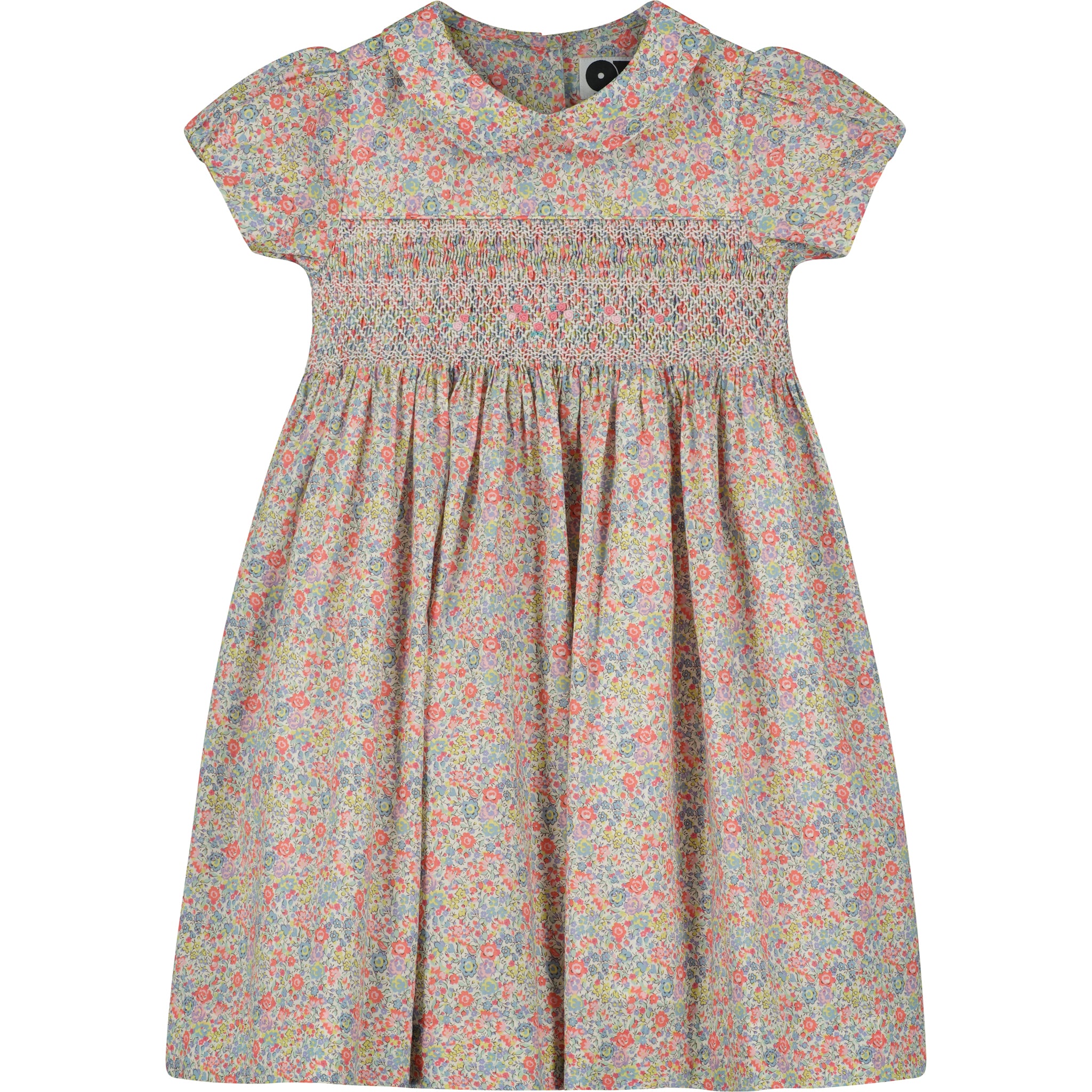 Floral Liberty girls dress with smocking, front