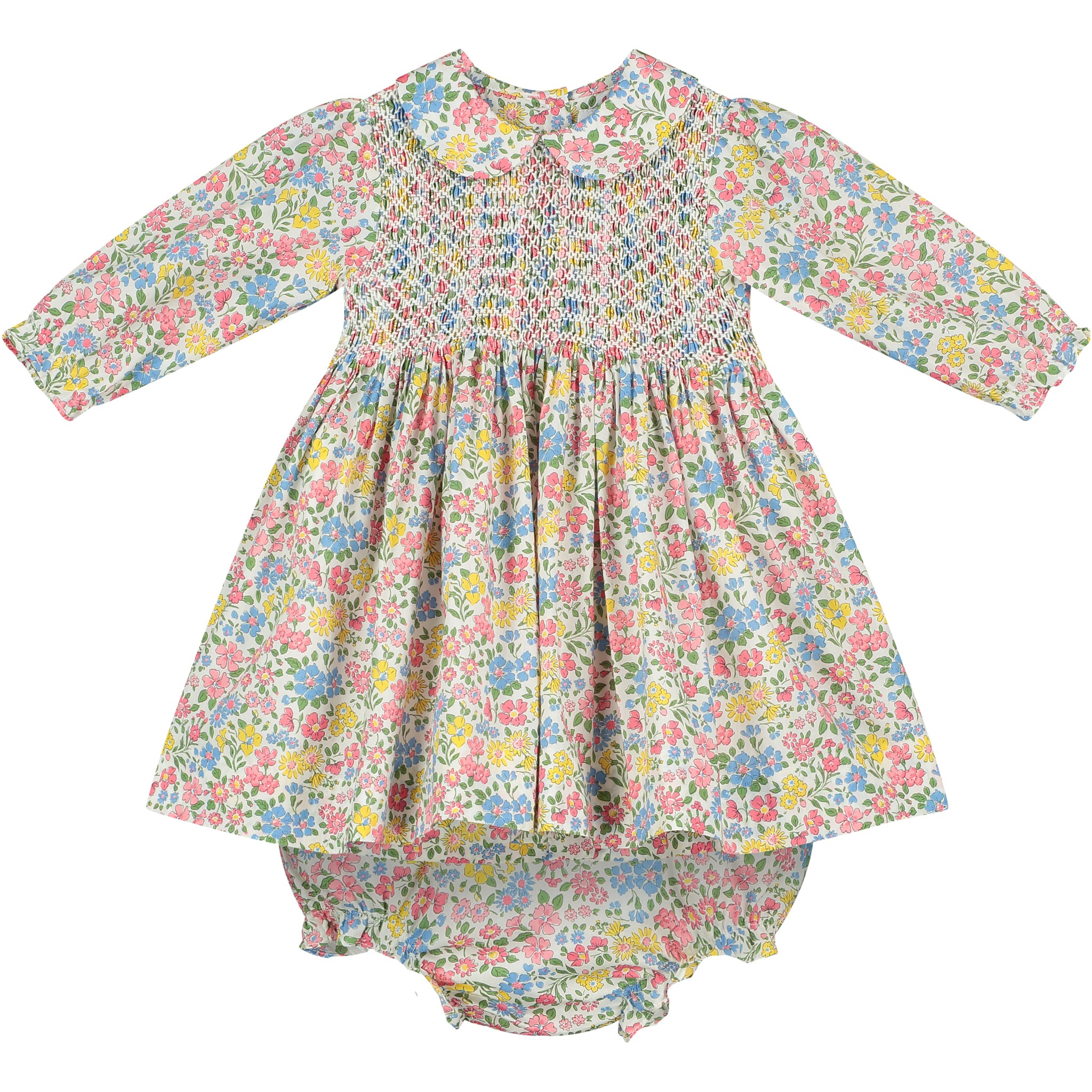 Liberty print baby dress, long sleeves, hand-smocked