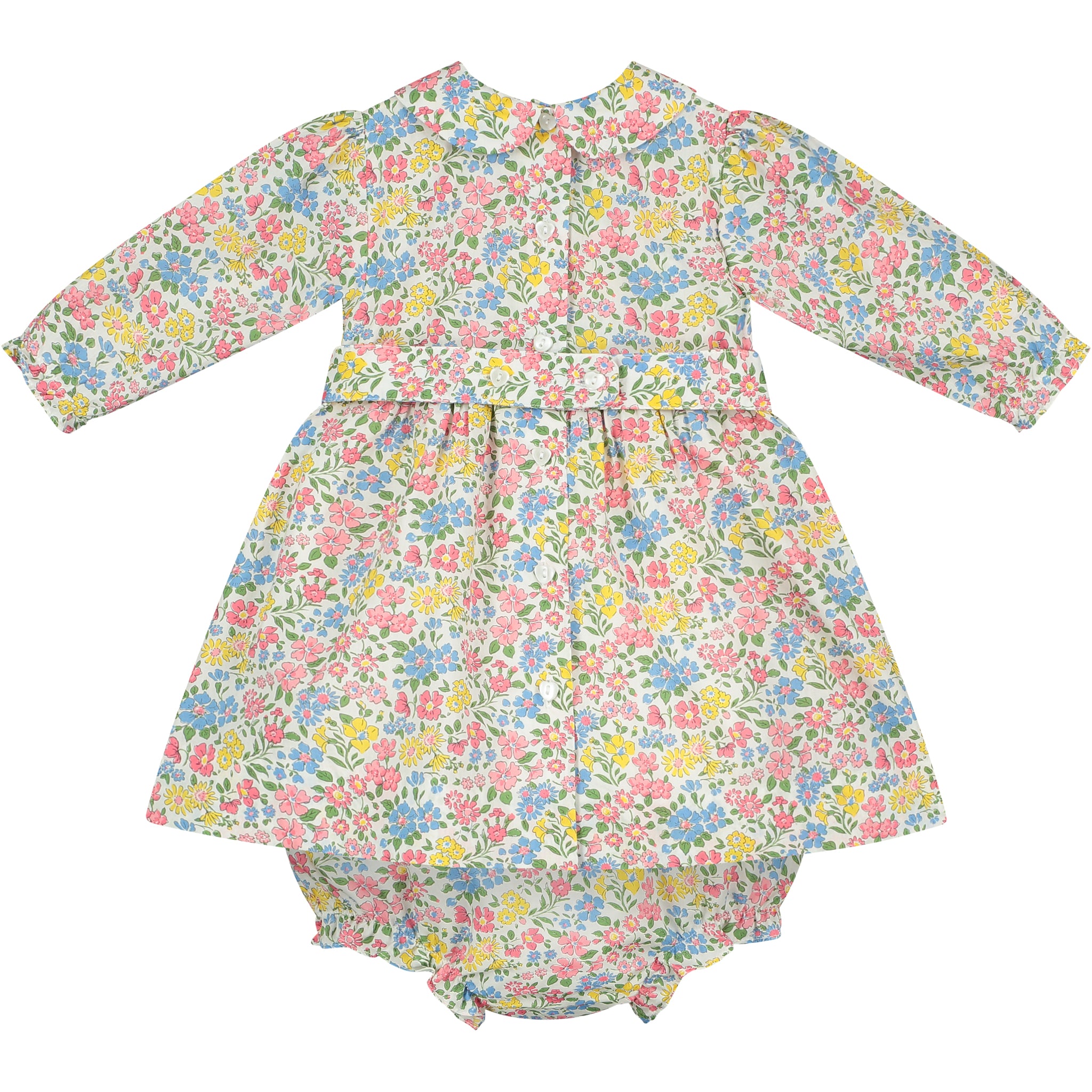 Liberty print baby dress, long sleeves, hand-smocked, back