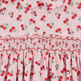 pink cherry print smocked dress for girls, detail
