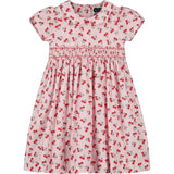 pink cherry print smocked dress for girls, front