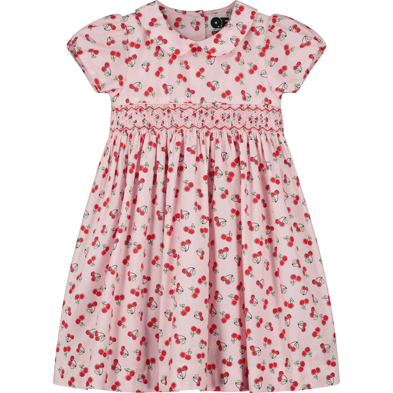 pink cherry print smocked dress for girls, front