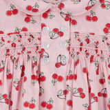 Smocked baby dress, cherry print, detail