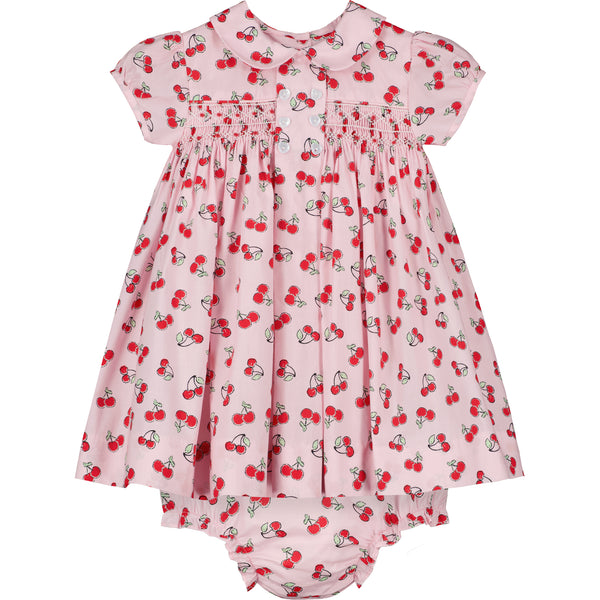 smocked baby dress, cherry print, with bloomer