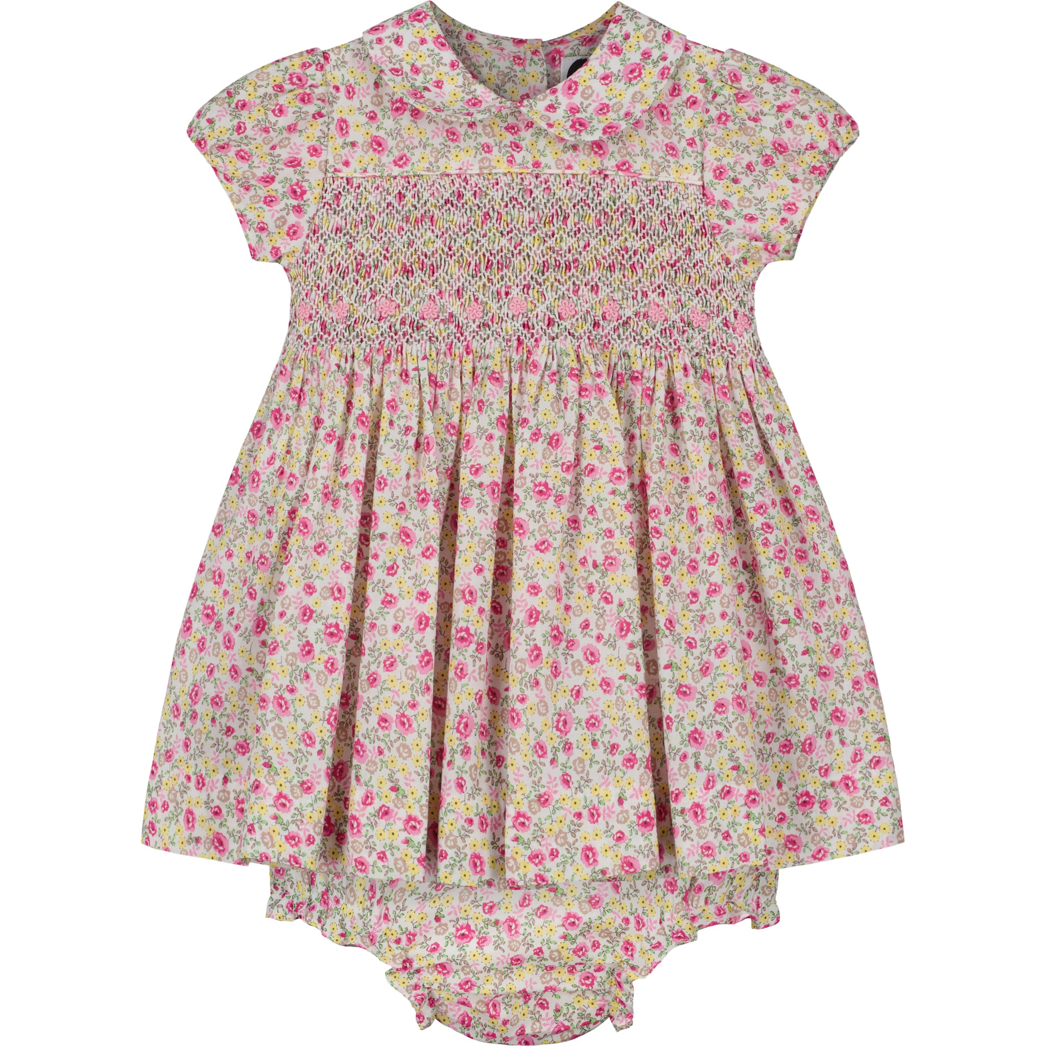 floral smocked baby dress with matching bloomers, fronyt