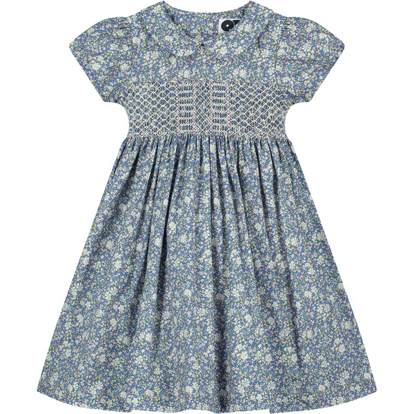 Blue Liberty Print dress with hand-smocking , front