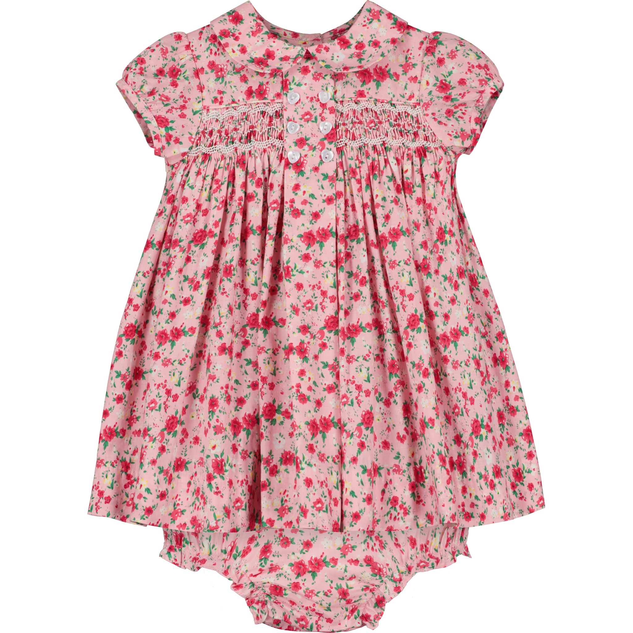 pink floral smock dress for baby, button front and matching bloomers