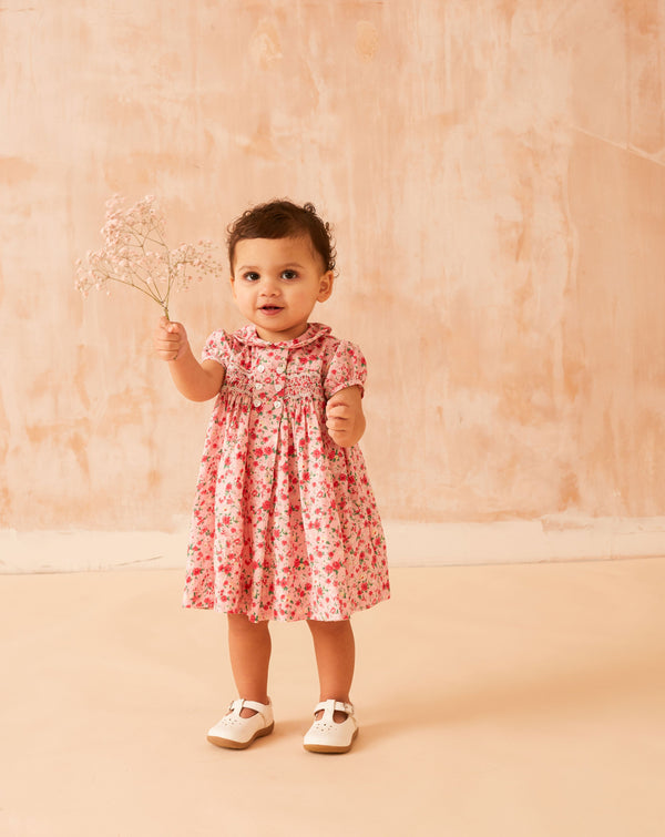 baby in pink summer dress, hand-smocked