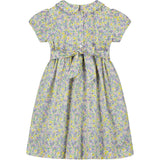 Floral dress with hand smocking, yellow, purple and white, 