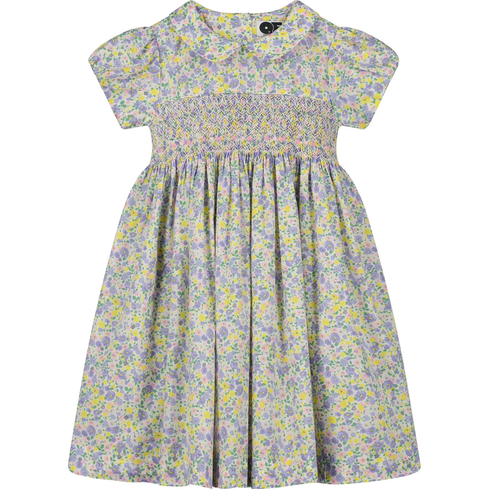 Floral dress with hand smocking, yellow, purple and white, front