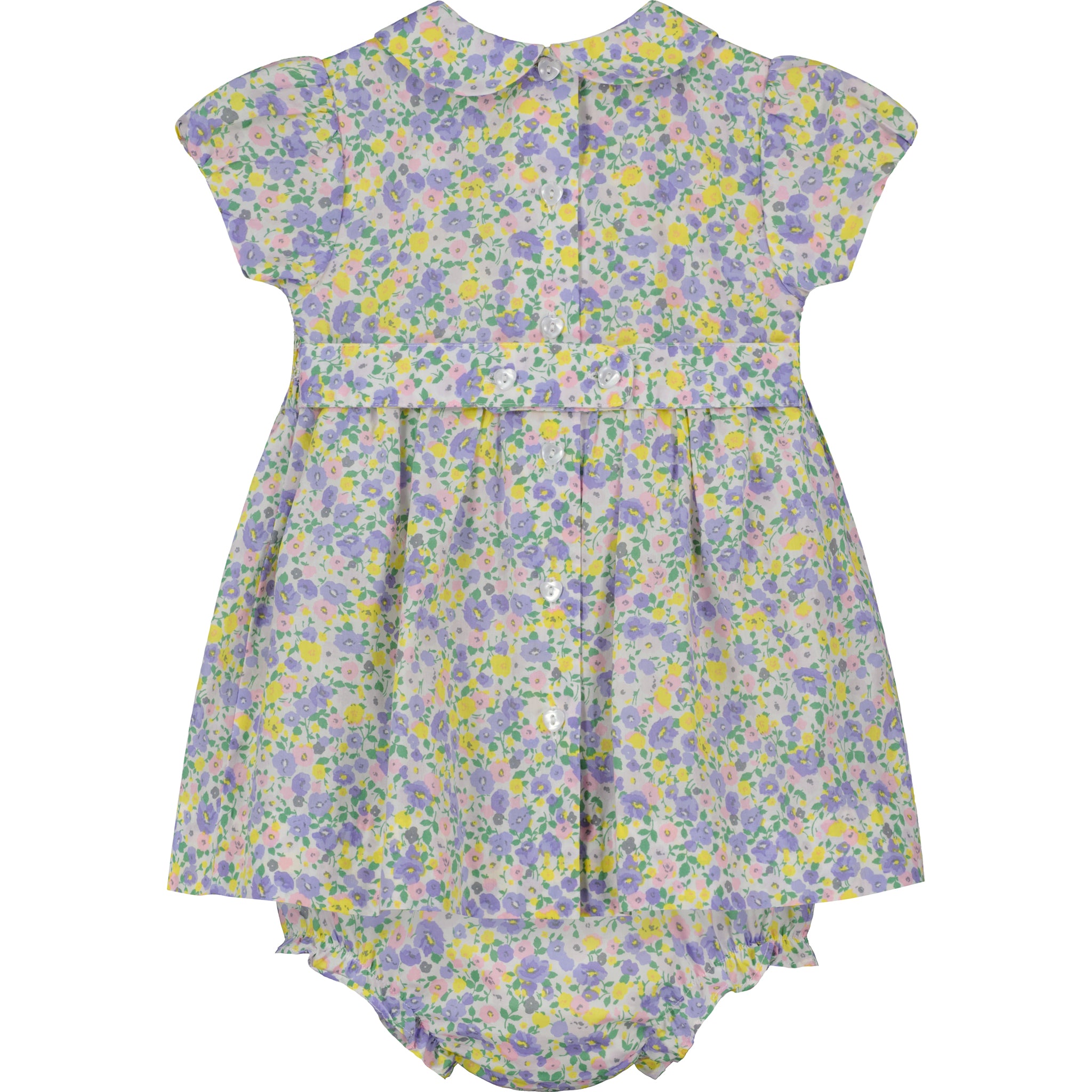 purple and yellow floral baby smocked dress, back