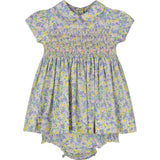 purple and yellow floral baby smocked dress, front