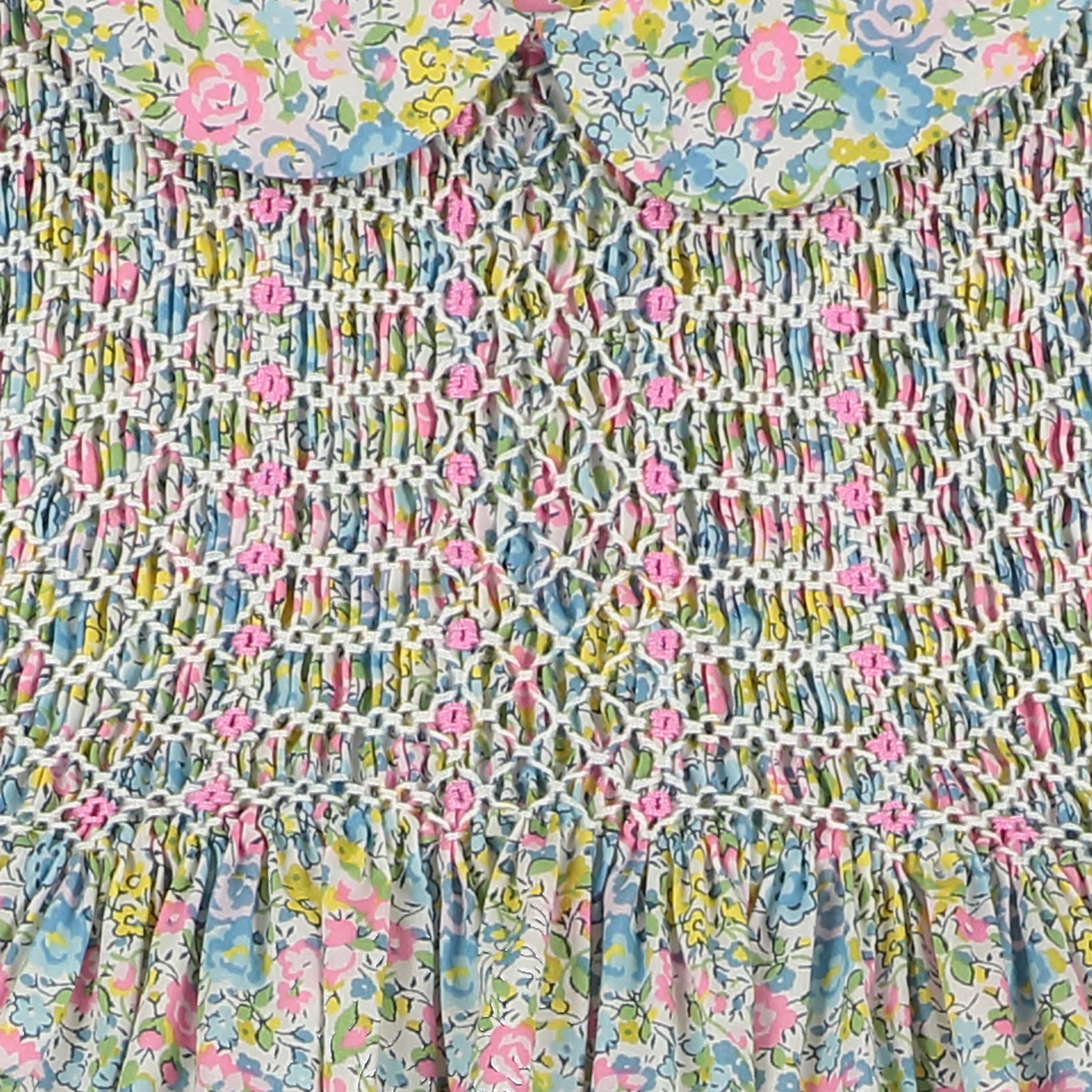 Liberty Print Baby Dress, hand-smocked, detail