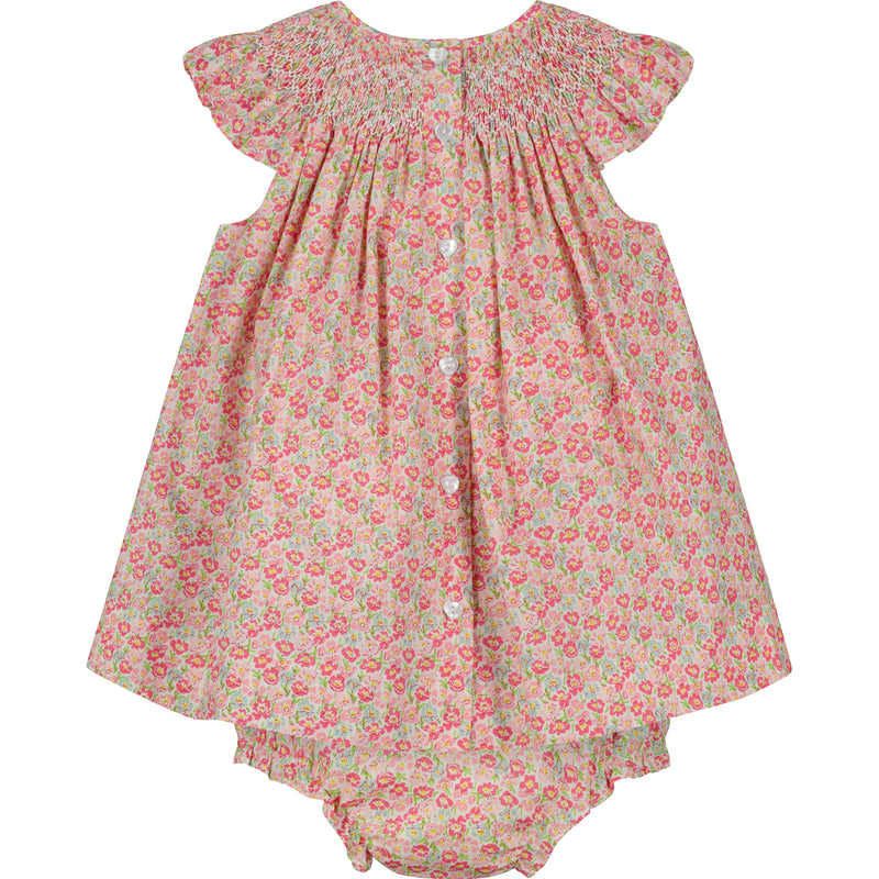floral baby smock dress with matching bloomers, frill sleeves, back