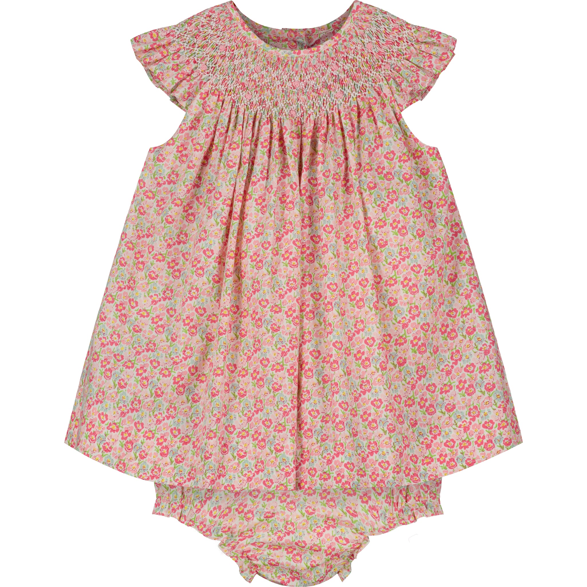 floral baby smock dress with matching bloomers, frill sleeves, front