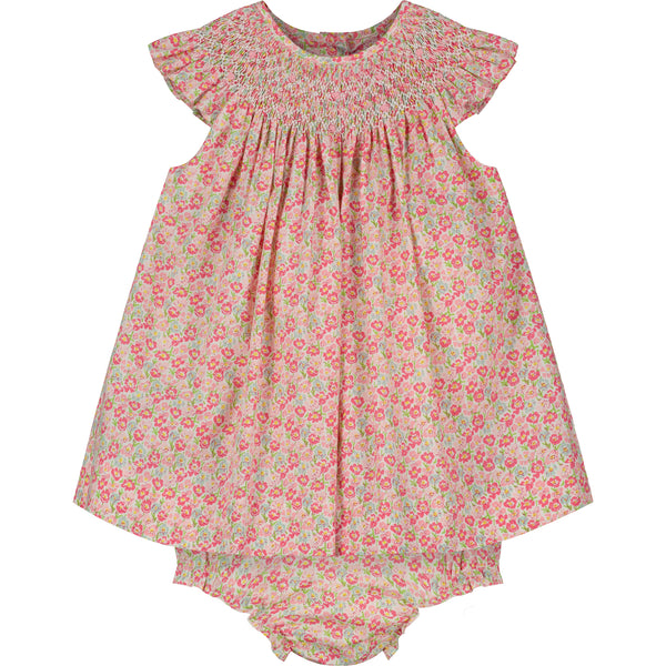 floral baby smock dress with matching bloomers, frill sleeves, front