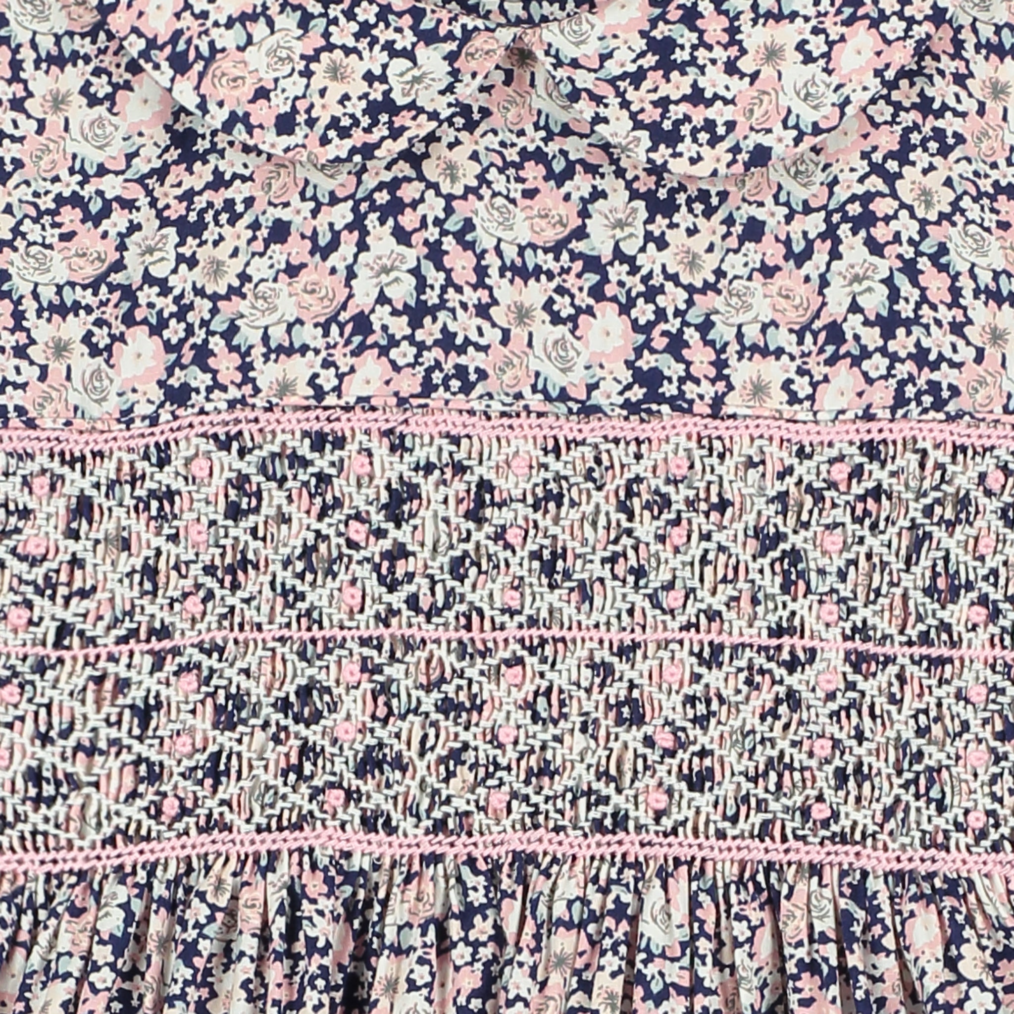 smocking detail, floral fabric