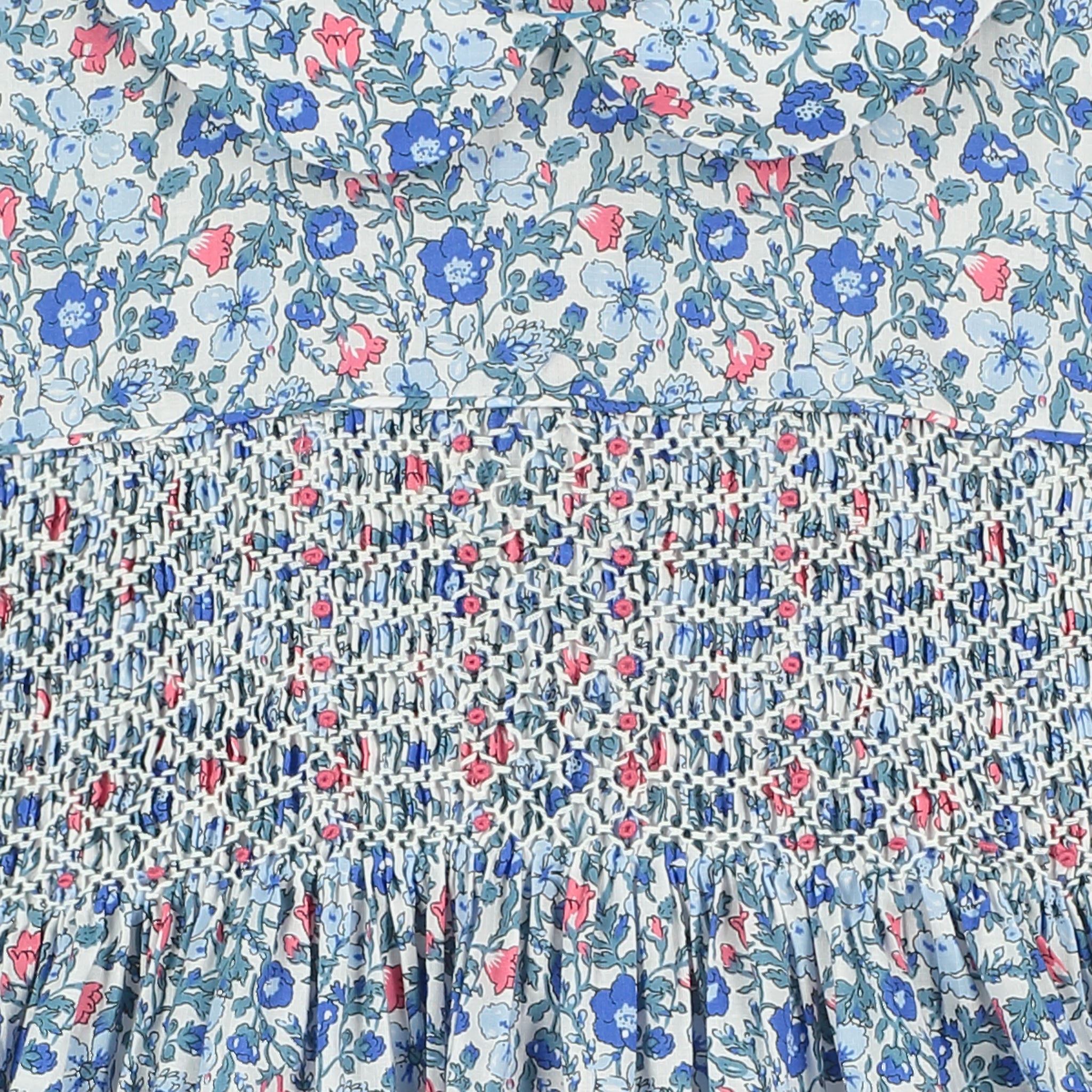 floral smock dress, blue, detail