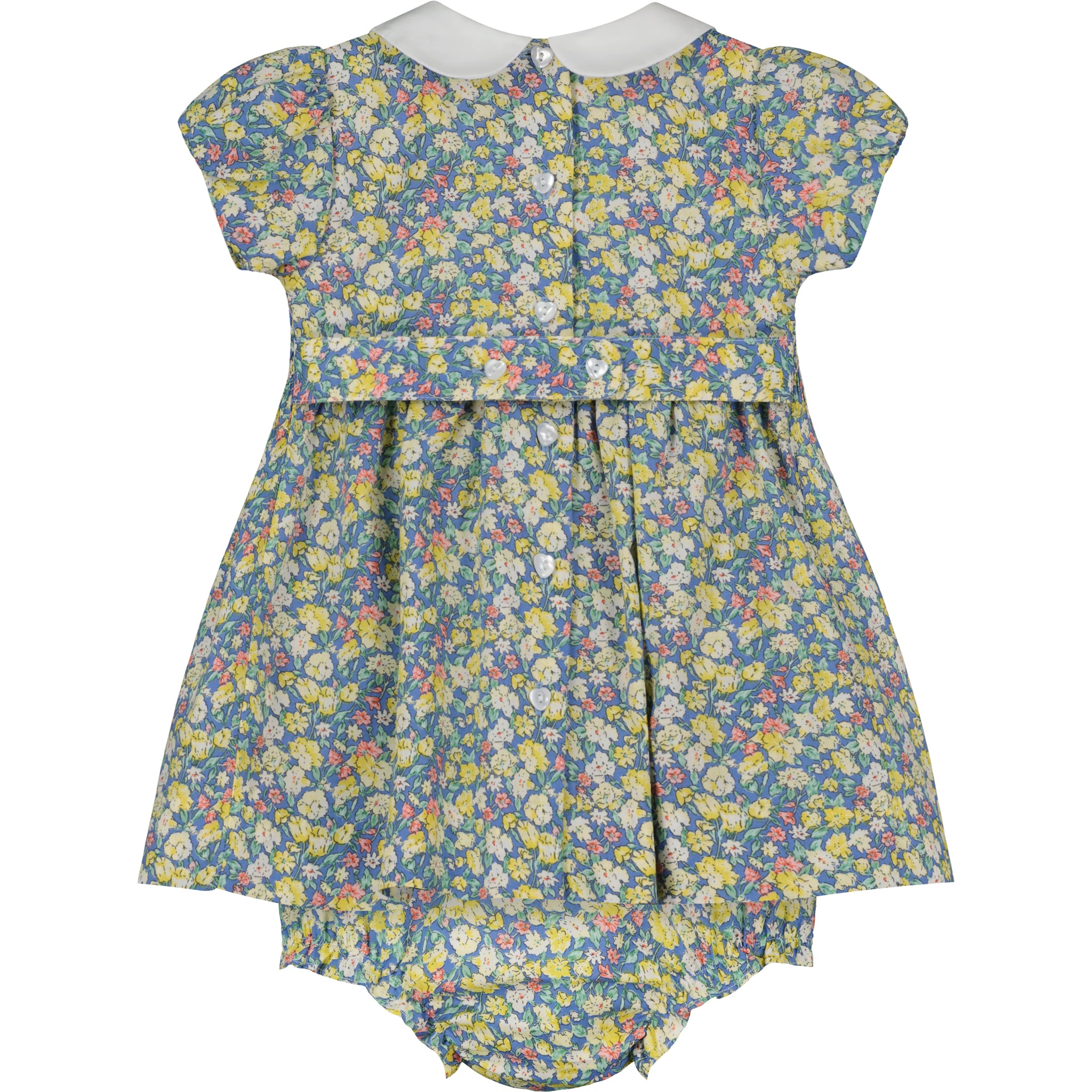  hand-smocked floral dress with white Peter Pan collar, back