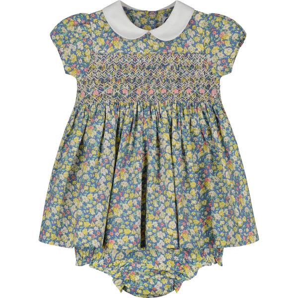  hand-smocked floral dress with white Peter Pan collar, front