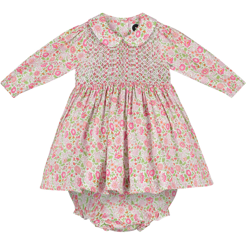 long sleeve, hand-smocked dress made from floral Liberty fabric, front