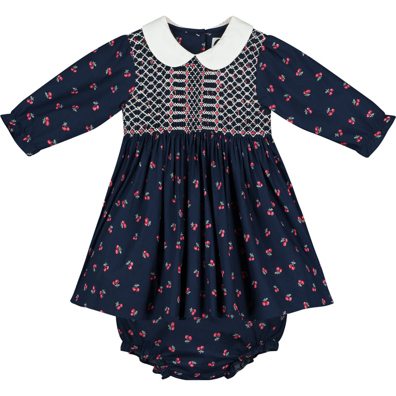 navy, cherry print smock dress for baby, front