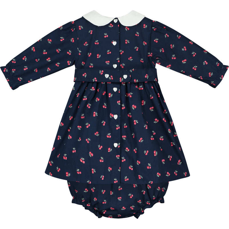 navy, cherry print smock dress for baby, back